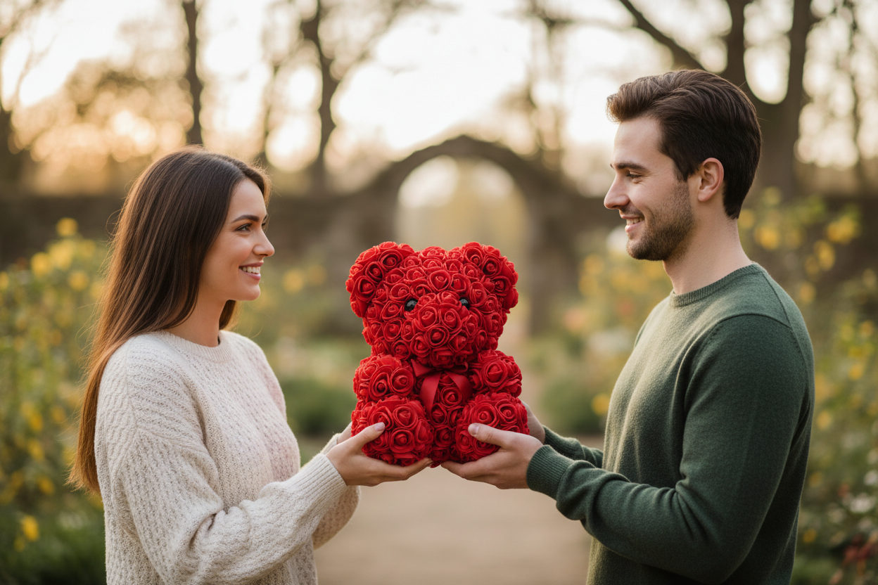 Cute Realistic couple giving a red rose teddy bear